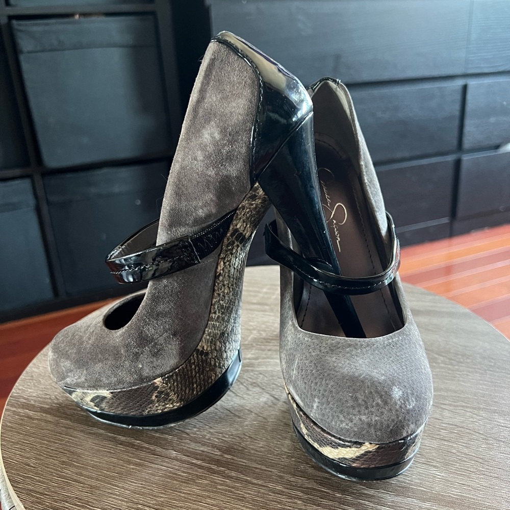 Women's Taupe Suede Platform Pumps with Snake-Print Wedge